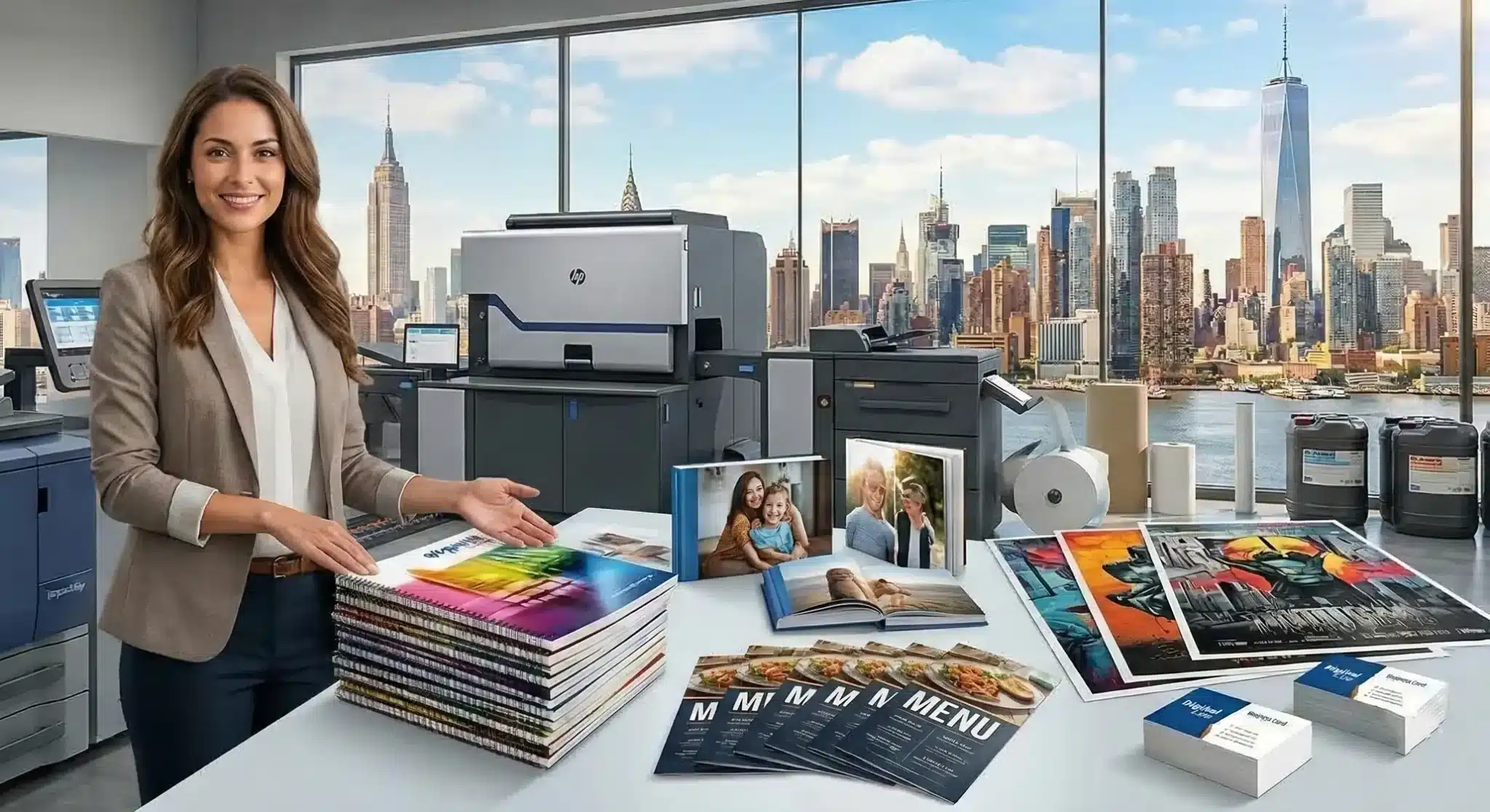 A Digital City Printing operator using a commercial digital press in a clean Manhattan production facility with an panoramic view of the New York City skyline.