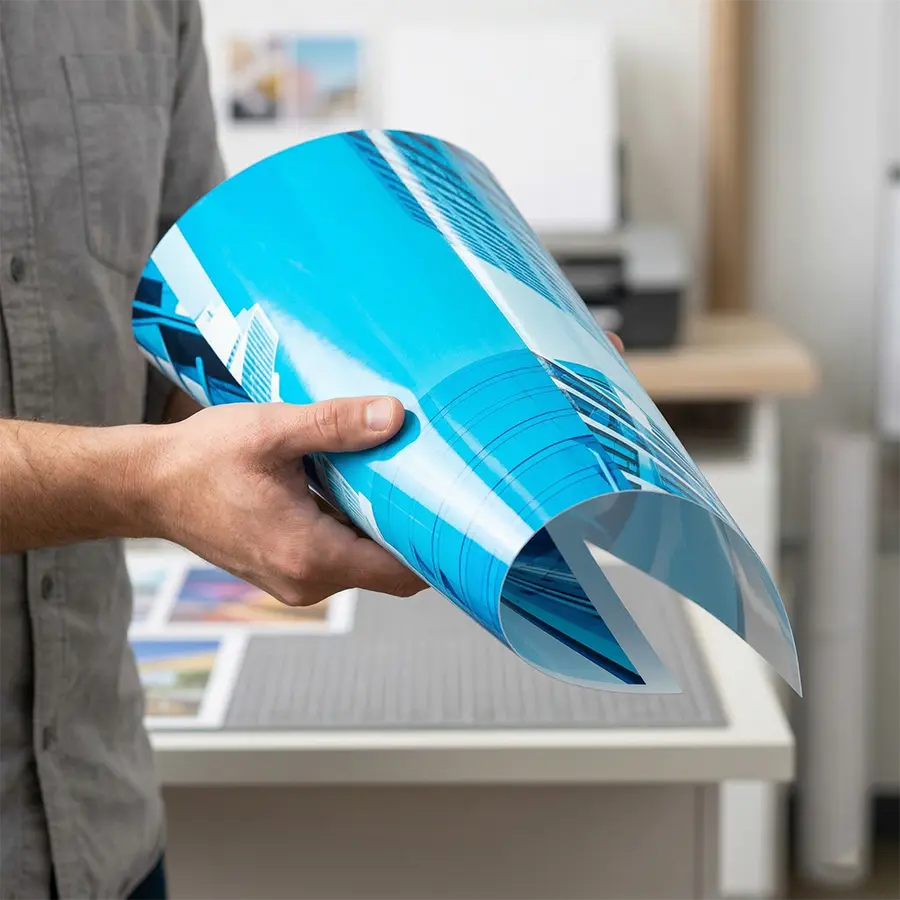Flexible Poly-Styrene High-Resolution Graphics A person in a grey shirt rolling a thin, high-gloss Poly-Styrene sheet with a teal photo print.
