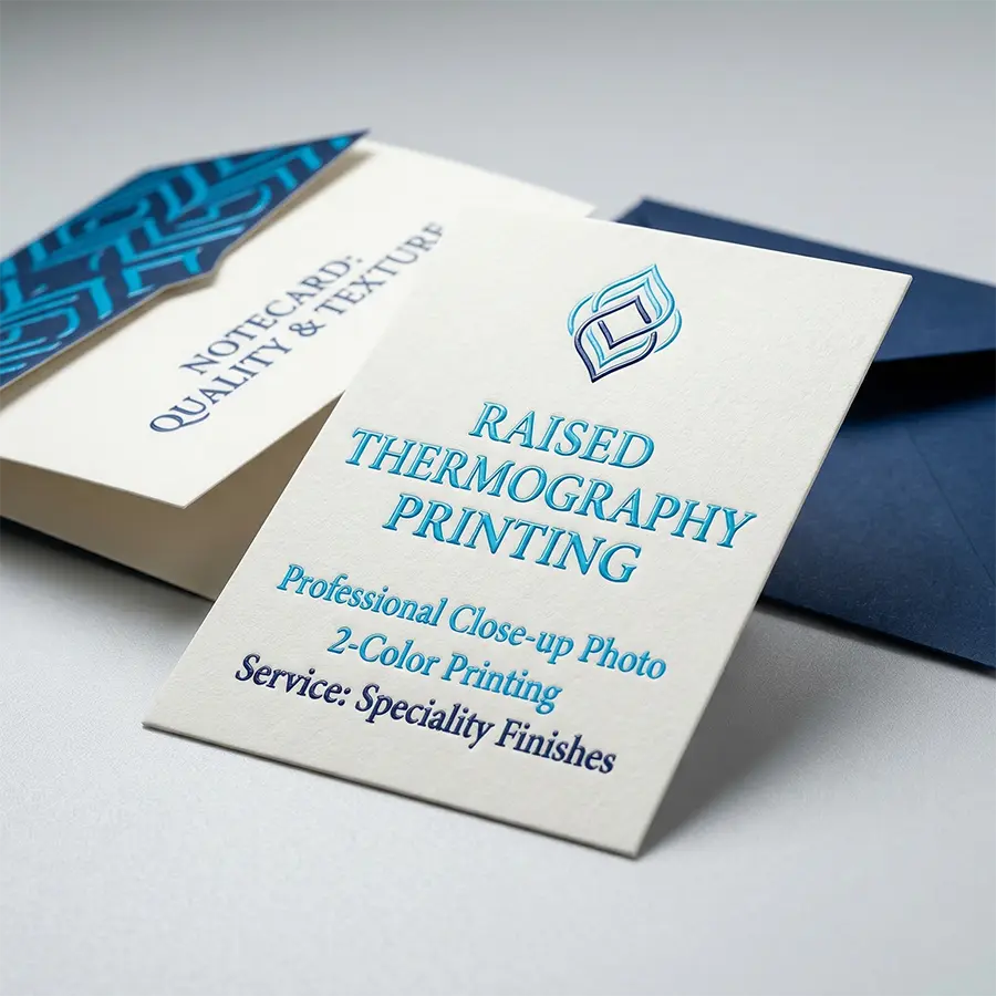 Close-up shot of raised ink thermography printing on premium textured paper.
