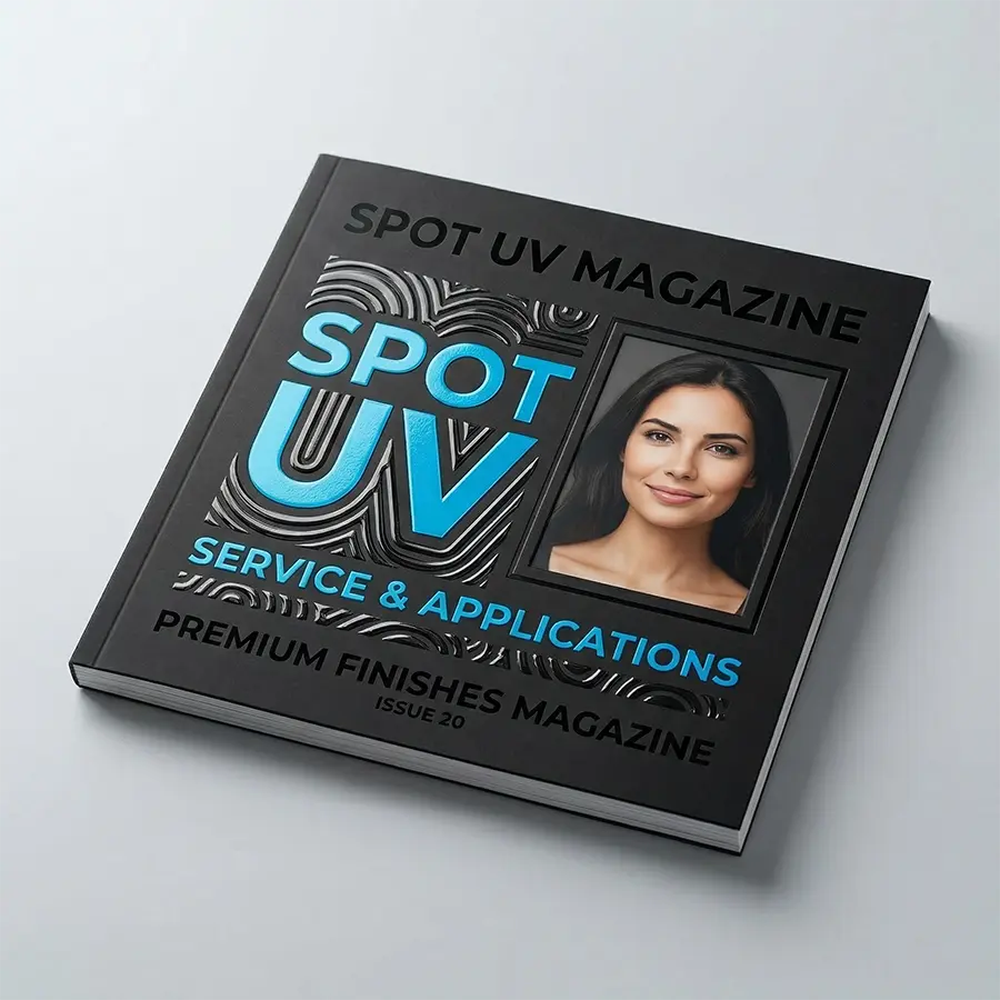 Premium printing technique featuring a clear spot UV varnish coating on a textured paper surface.