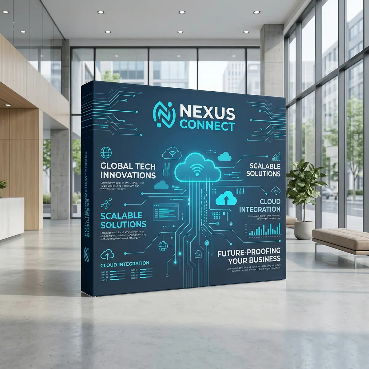 10×8 Straight Pop Up Convention Display 10x8 foot straight tension fabric pop up display set up in a corporate lobby.