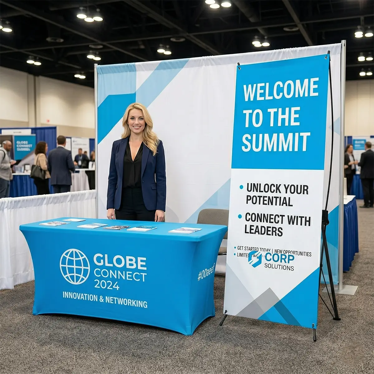 Trade Show Booth X Banner Setup Trade show booth in Manhattan utilizing a lightweight X banner stand.