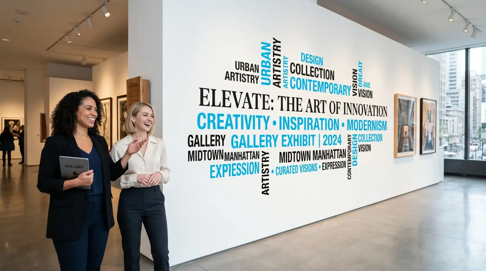 NYC vinyl decals installation, ELEVATE: THE ART OF INNOVATION wall typography in black and blue Sharp wall typography for an NYC vinyl decals installation reads “ELEVATE: THE ART OF INNOVATION” with blue and black design text.