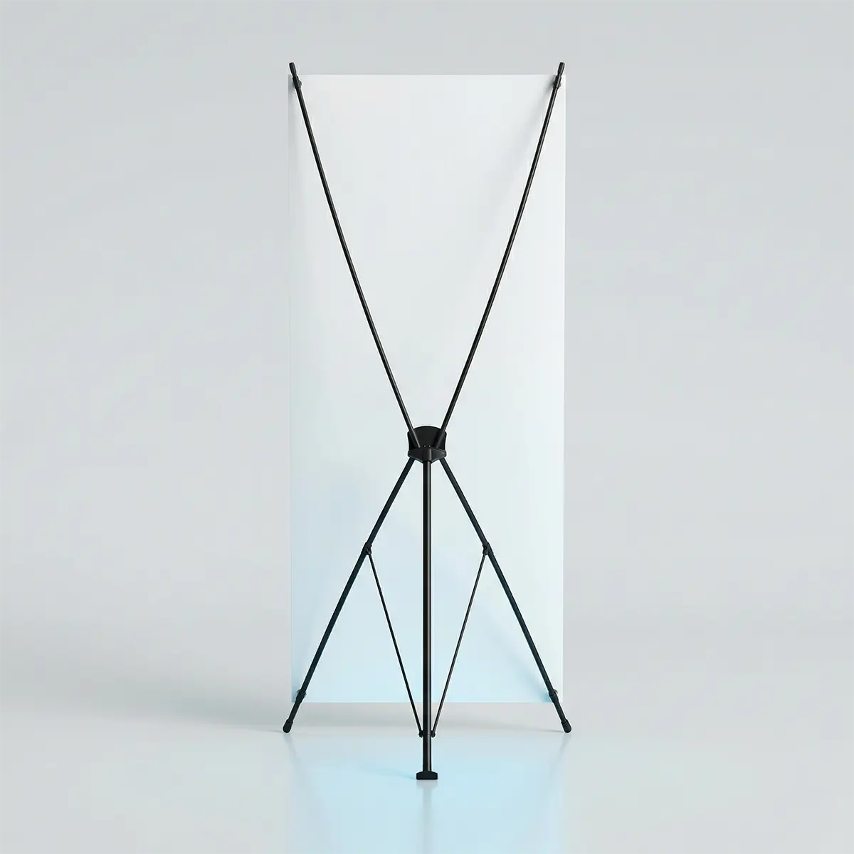 X Banner Stand Hardware Back View Rear view of the lightweight fiberglass hardware of an X-frame event display.