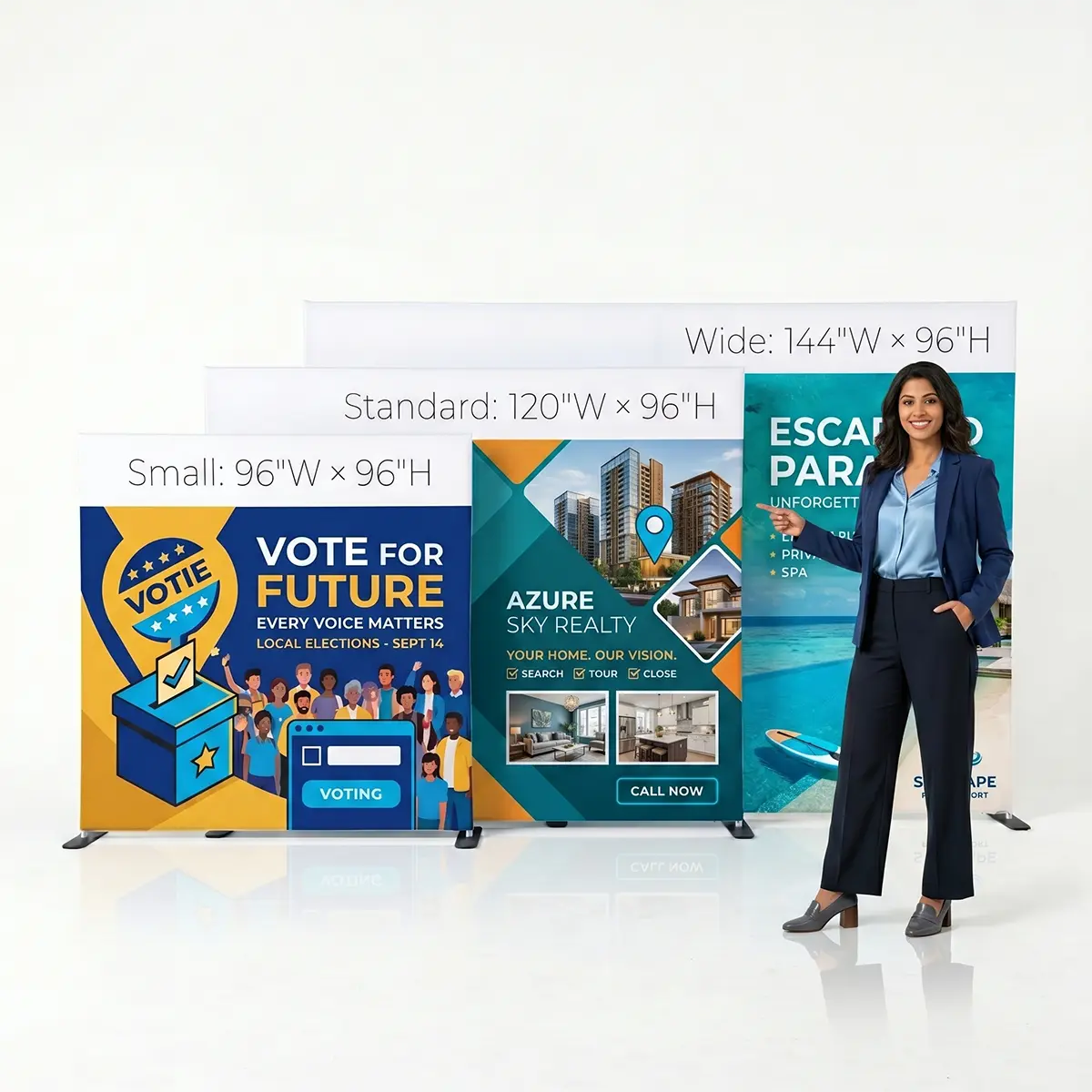 Versatile Fabric Banner Displays with Model A woman in a blue suit stands next to three stacked adjustable fabric banner displays in 'Small' (96"x96"), 'Standard' (120"x96"), and 'Wide' (144"x96") sizes, featuring complex printed designs for 'Vote for Future', 'Azure Sky Realty', and 'Escape to Paradise' against a plain white studio background.