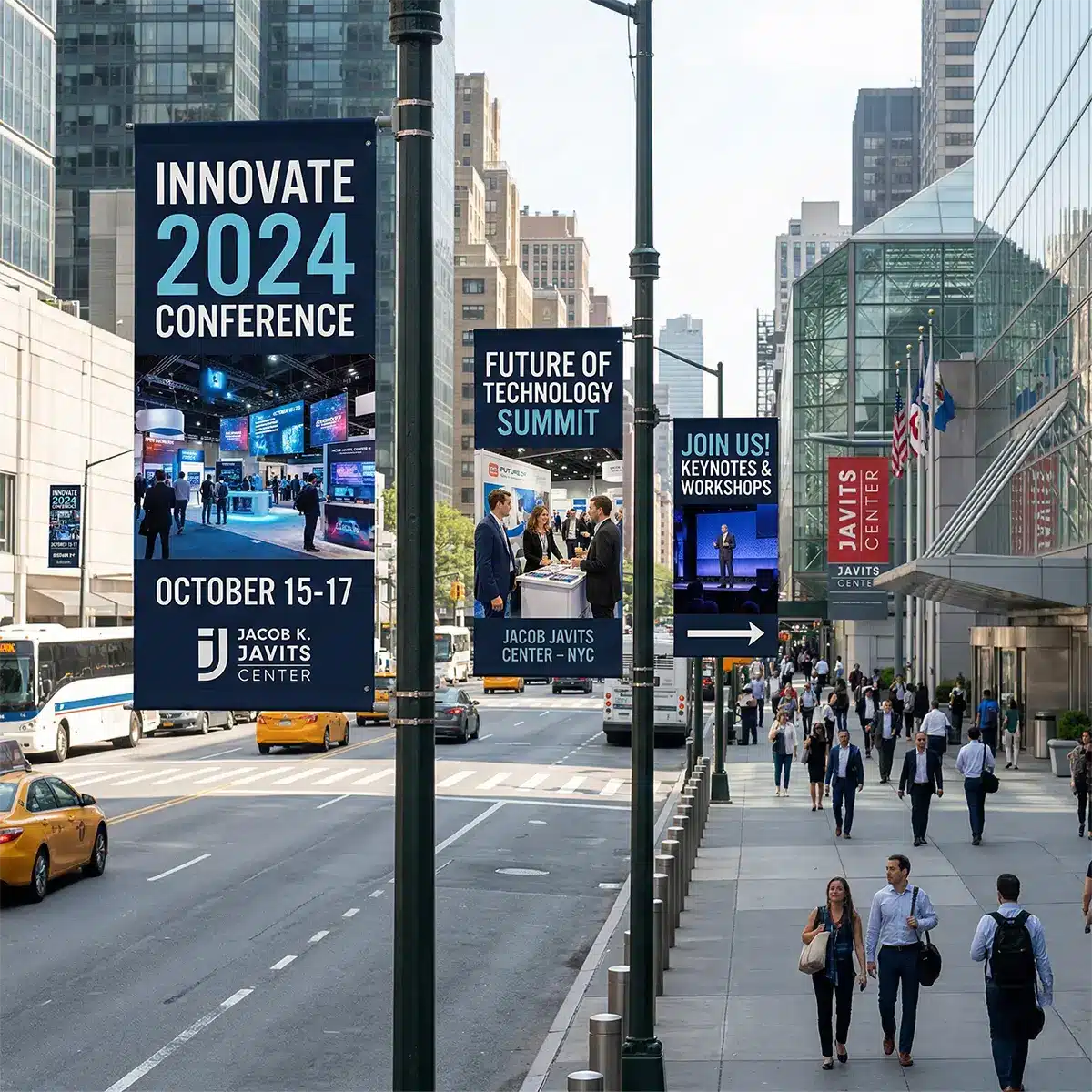 Sequenced Street Pole Banner Promotion Pedestrians viewing trade show conference banners standing in a row on an NYC sidewalk.