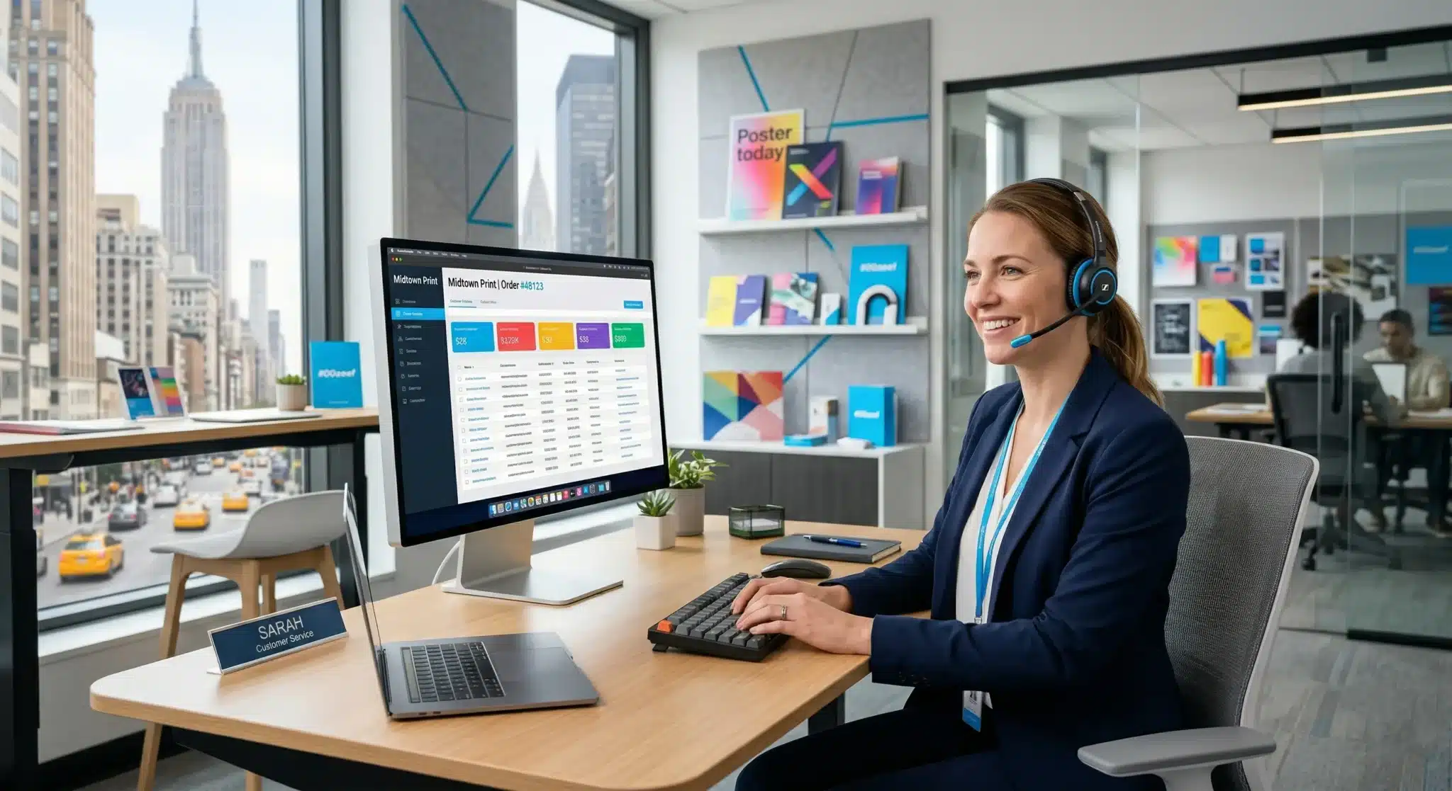 Digital City Printing Dedicated Support Team Customer service representative assisting a print client over the phone at Digital City Printing in NYC.
