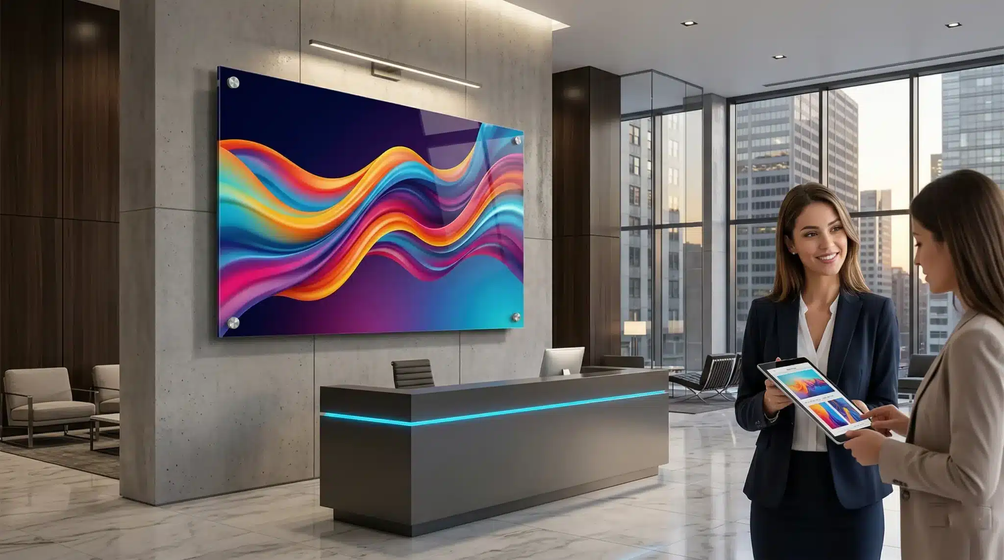 Premium Custom Acrylic Prints NYC Large custom acrylic print with standoff hardware displayed in a modern NYC corporate lobby.