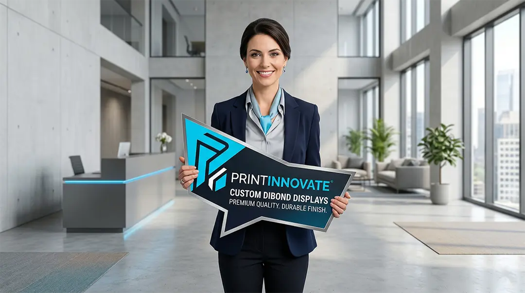 Custom Aluminum and DiBond Printing Services NYC Professional model showcasing premium custom aluminum and DiBond printing in a modern NYC office.