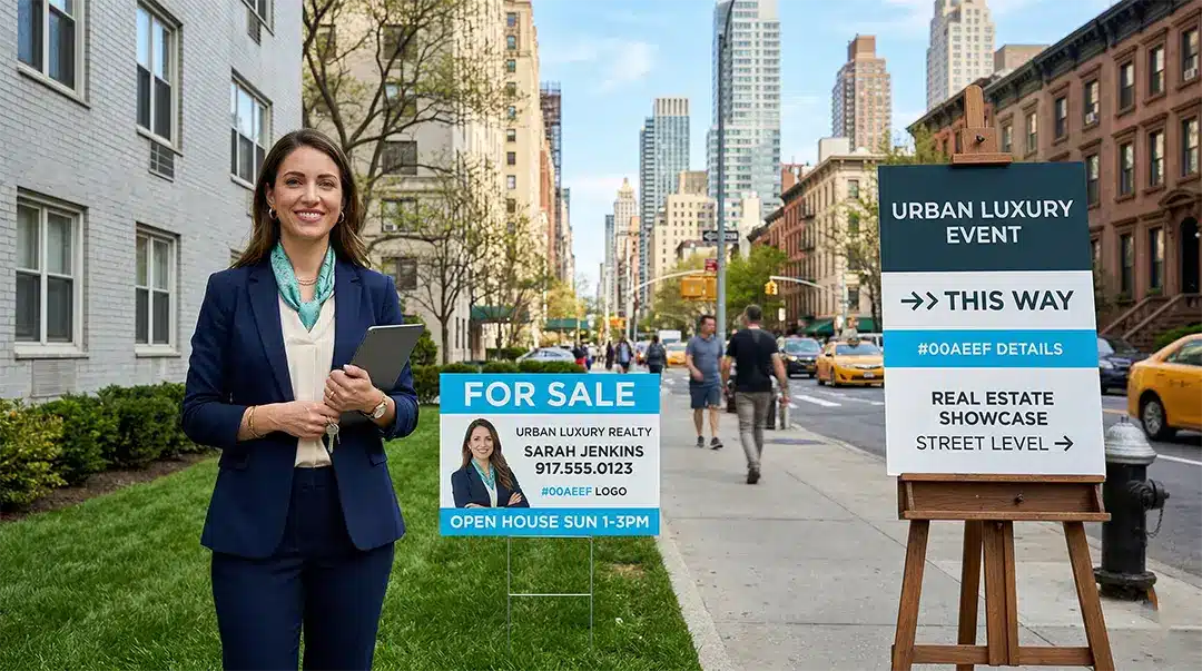 Custom Coroplast Yard Signs NYC Professional woman standing next to custom printed Coroplast yard signs in NYC.