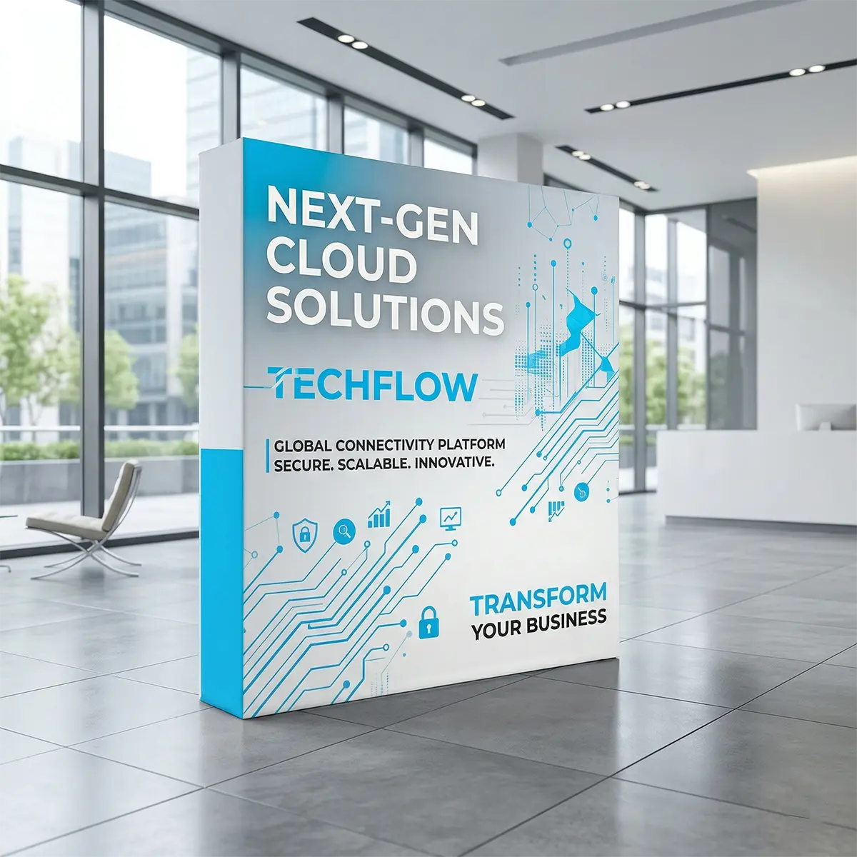 Custom Exhibition Stands NYC | Professional Event Display A custom exhibition stand featuring a curved tension fabric wall and branded counter in a New York City trade show.