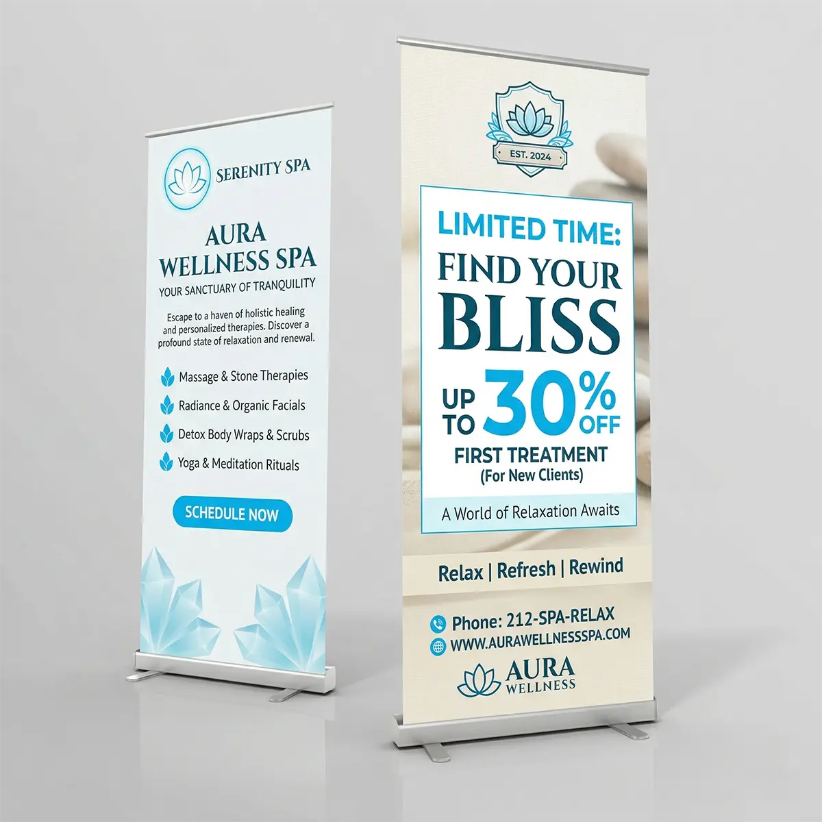 Banner Stands & Hardware 4 Silver metal retractable banner stands display a spa promotion with “Limited Time: Find Your Bliss” and “Up to 30% Off” text.