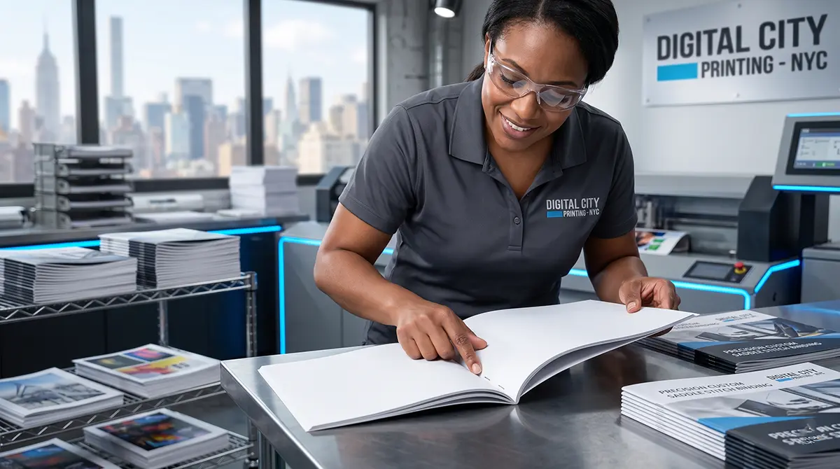 Custom Saddle Stitch Binding NYC A dynamic, professional close-up of skilled hands in a Midtown Manhattan print studio inspecting the precise, durable wire staples along the spine of a custom large-format landscape saddle-stitched catalog, visually consistent with image_0.png. Background elements show automated binding machinery.