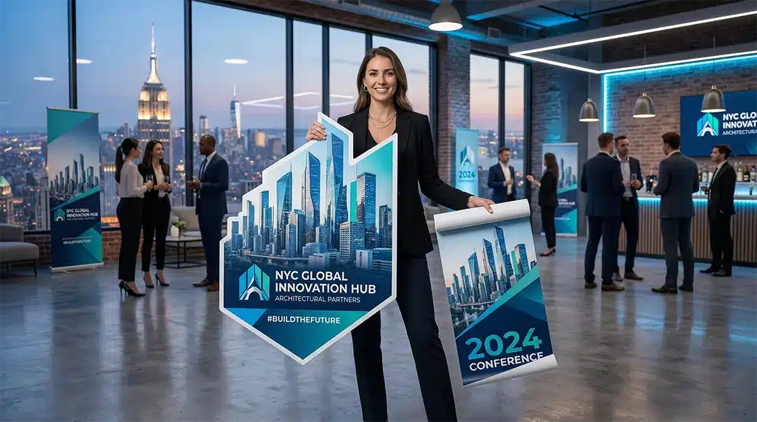 Custom Sintra and Styrene Printing Services NYC Professional model showcasing rigid Sintra board and flexible Styrene printed signs by Digital City Printing in NYC.