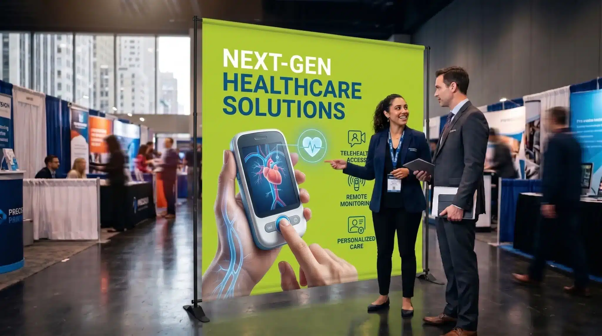 Custom Telescopic Banner Printing NYC — Digital City Printing Custom telescopic banner stand with vibrant blue graphic displayed in a Manhattan trade show venue — Digital City Printing NYC