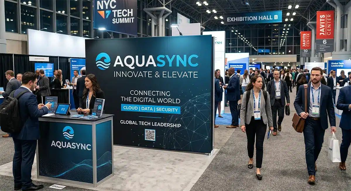 Premium Pop Up Display NYC Trade Show Booth Custom 10-foot tension fabric pop up display being used at a busy New York City trade show.