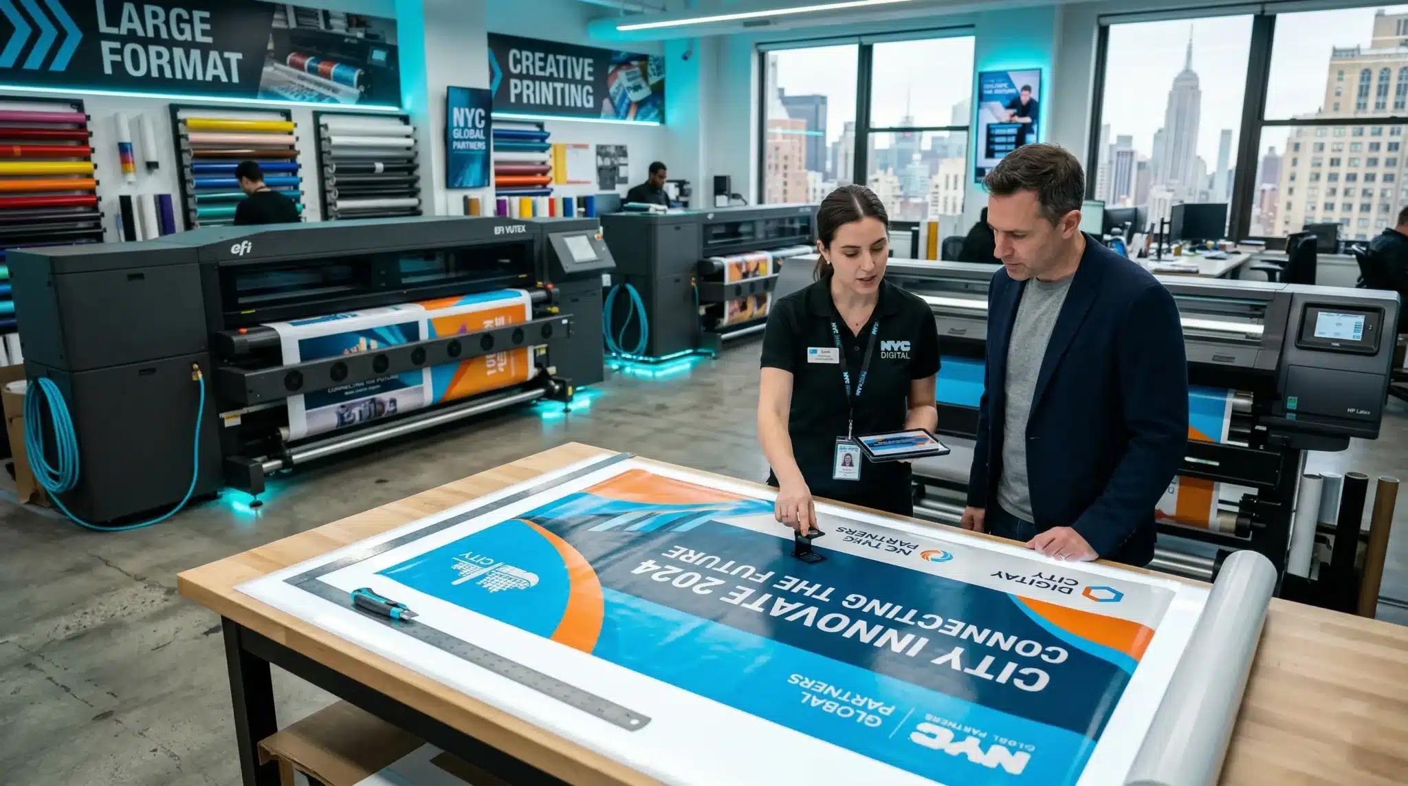 Premium Custom Vinyl Banner Printing in NYC Large custom vinyl banner being inspected at a modern printing facility in Midtown Manhattan NYC.