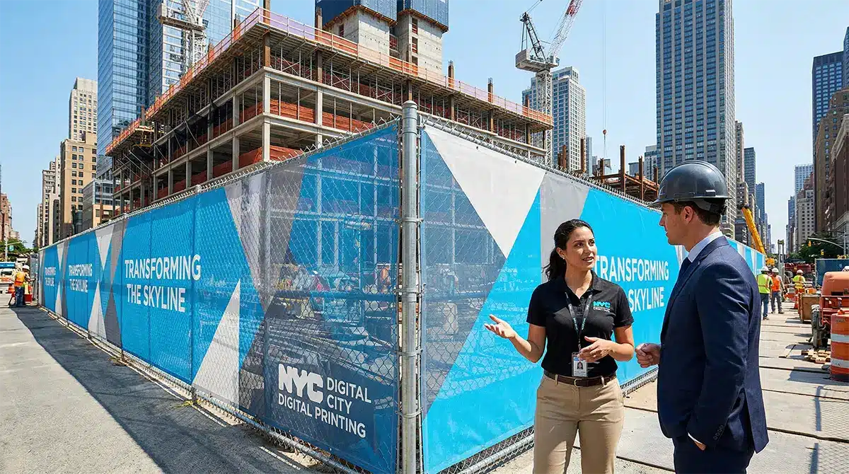 NYC Mesh Banner Printing by Digital City Printing Custom vinyl mesh banner with bright #00aeef blue accents installed on a New York City construction fence.