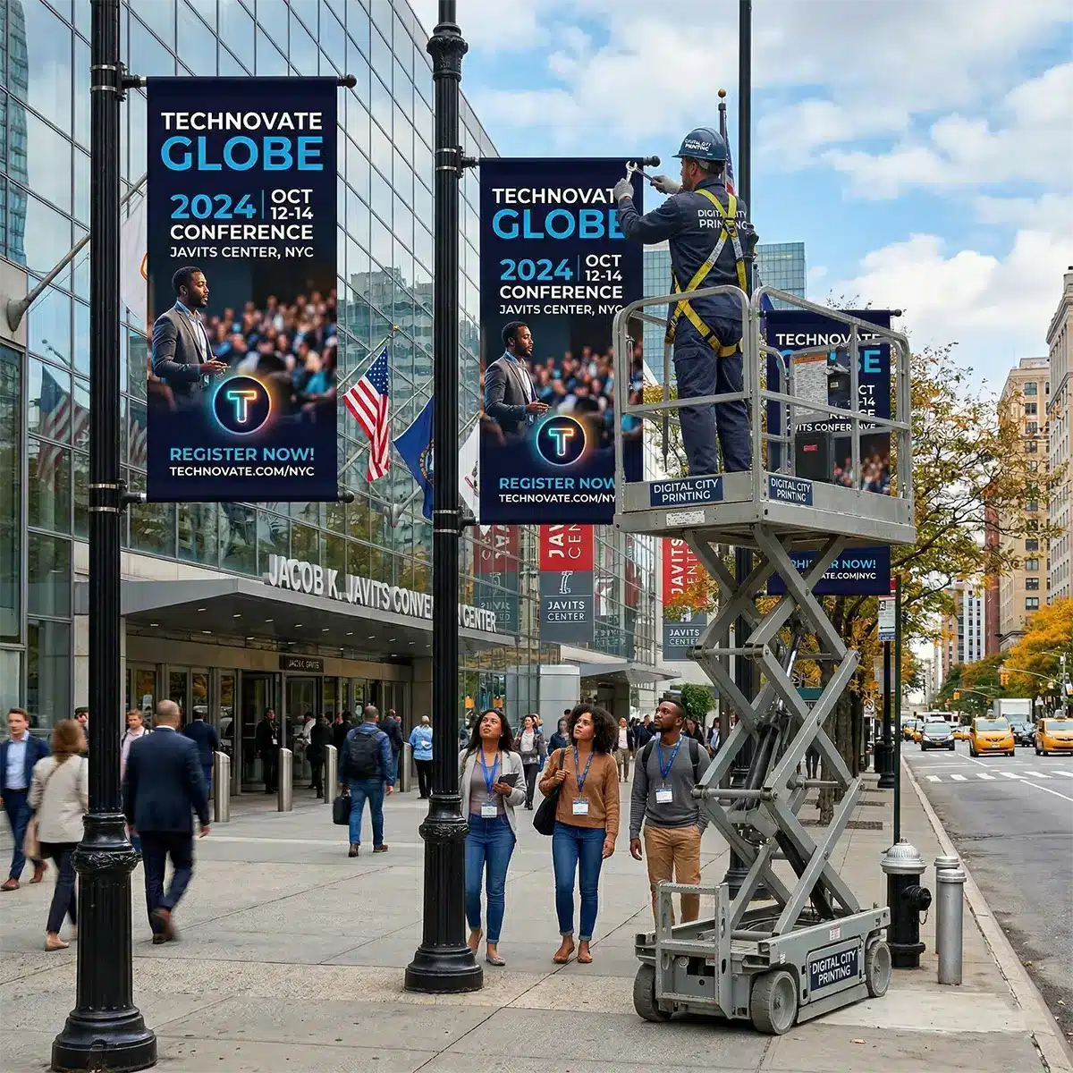 Professional Banner Installation by Digital City Printing A Digital City Printing technician on a scissor lift installs a vibrant trade show banner, highlighting their installation services.