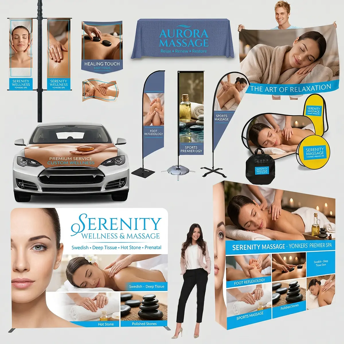 Serenity Wellness & Massage banners, blue promotional graphics for massage services Blue Serenity Wellness & Massage banner graphics showing massage service panels, including Serenity Massage, foot reflexology, and sports premier options.