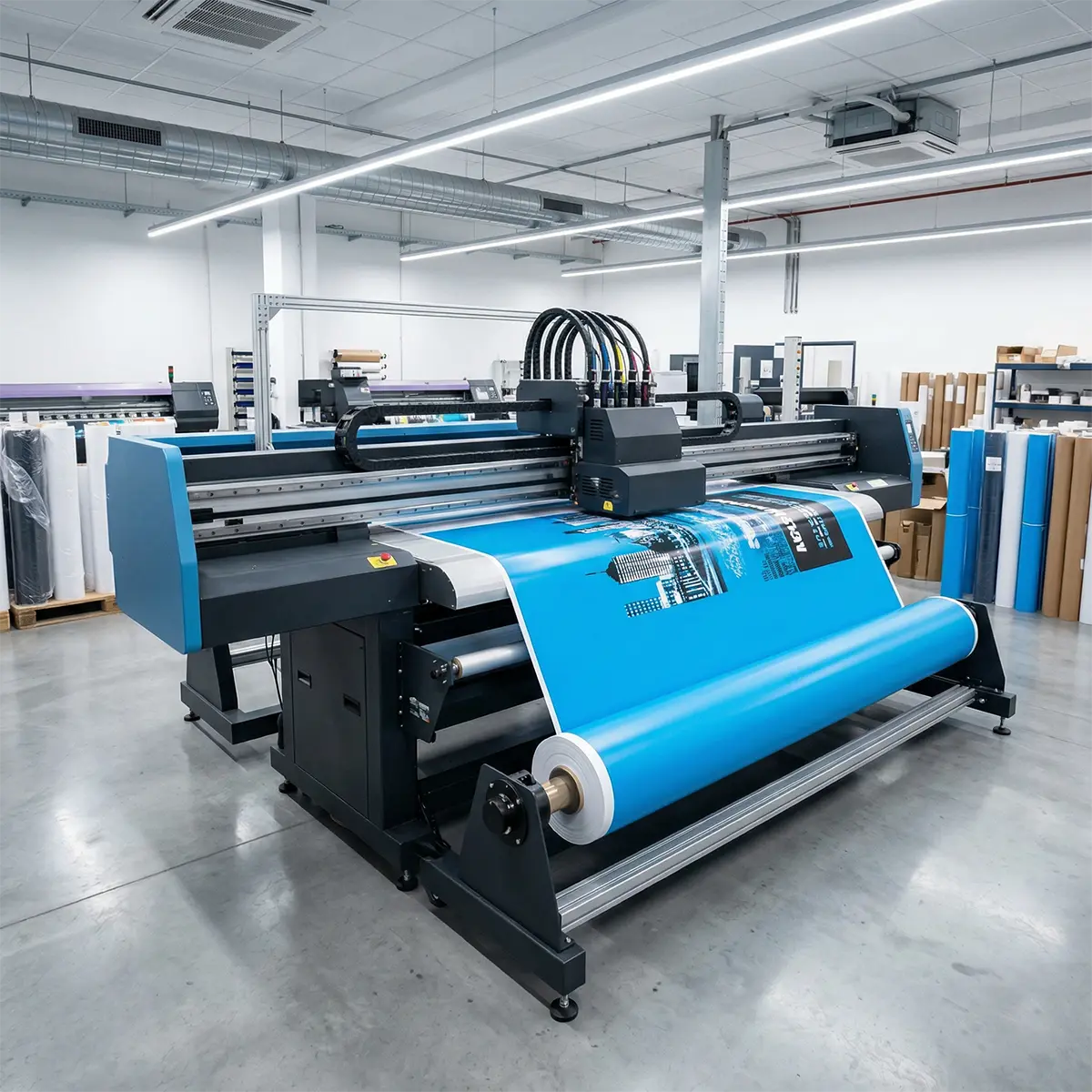 State-of-the-Art Printing Facility Large format industrial printer producing custom vinyl pole banners