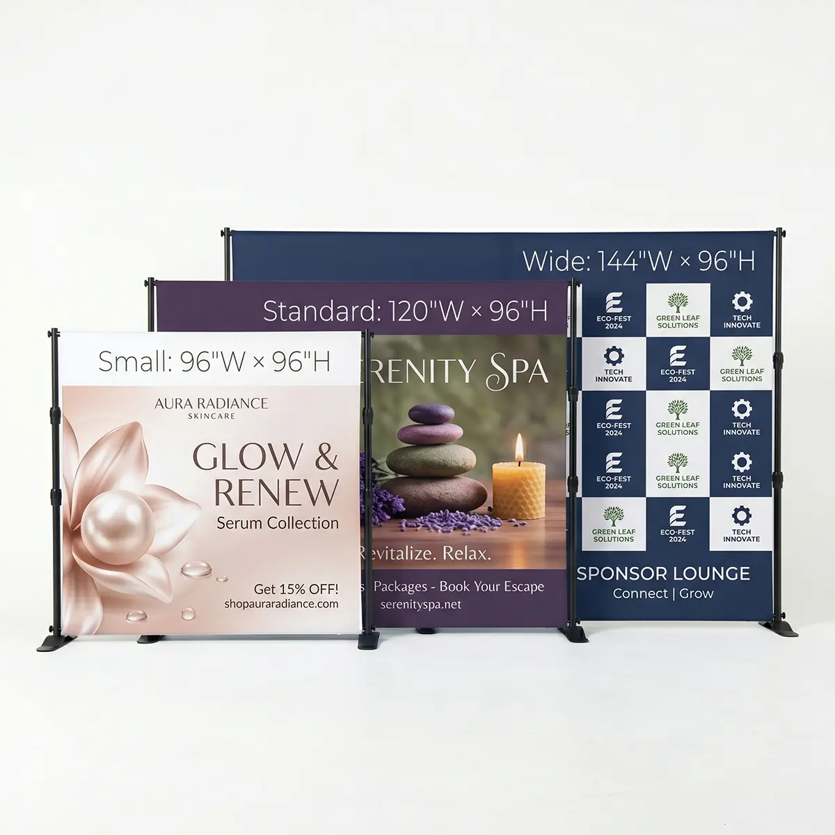 Versatile Fabric Banner Display System: Three Stacked Banners Three stacked fabric banner displays on a white studio floor: front banner (96"W x 96"H) for Aura Radiance skincare, middle banner (120"W x 96"H) for Serenity Spa, and largest banner (144"W x 96"H) with multiple sponsor logos for ECO-FEST 2024.