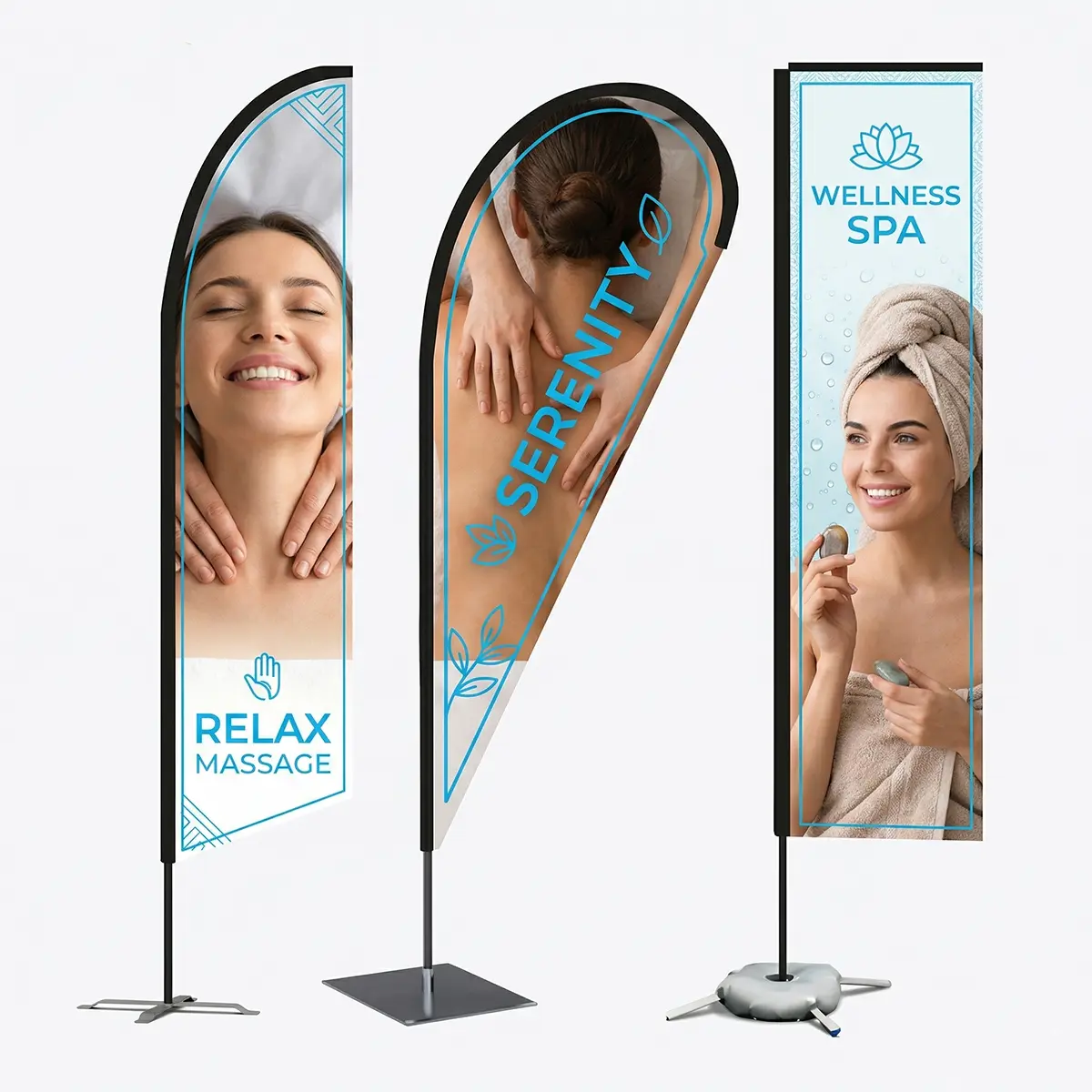 Banner Stands & Hardware 9 Three outdoor feather flags with teal promotional graphics on black hardware bases, showing Relax Massage, Serenity, and Wellness Spa banners.