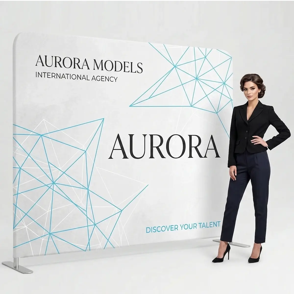 Banner Stands & Hardware 7 White and blue pillowcase fabric display graphic with the words “AURORA MODELS” and “AURORA,” plus a model in a dark blazer and trousers.