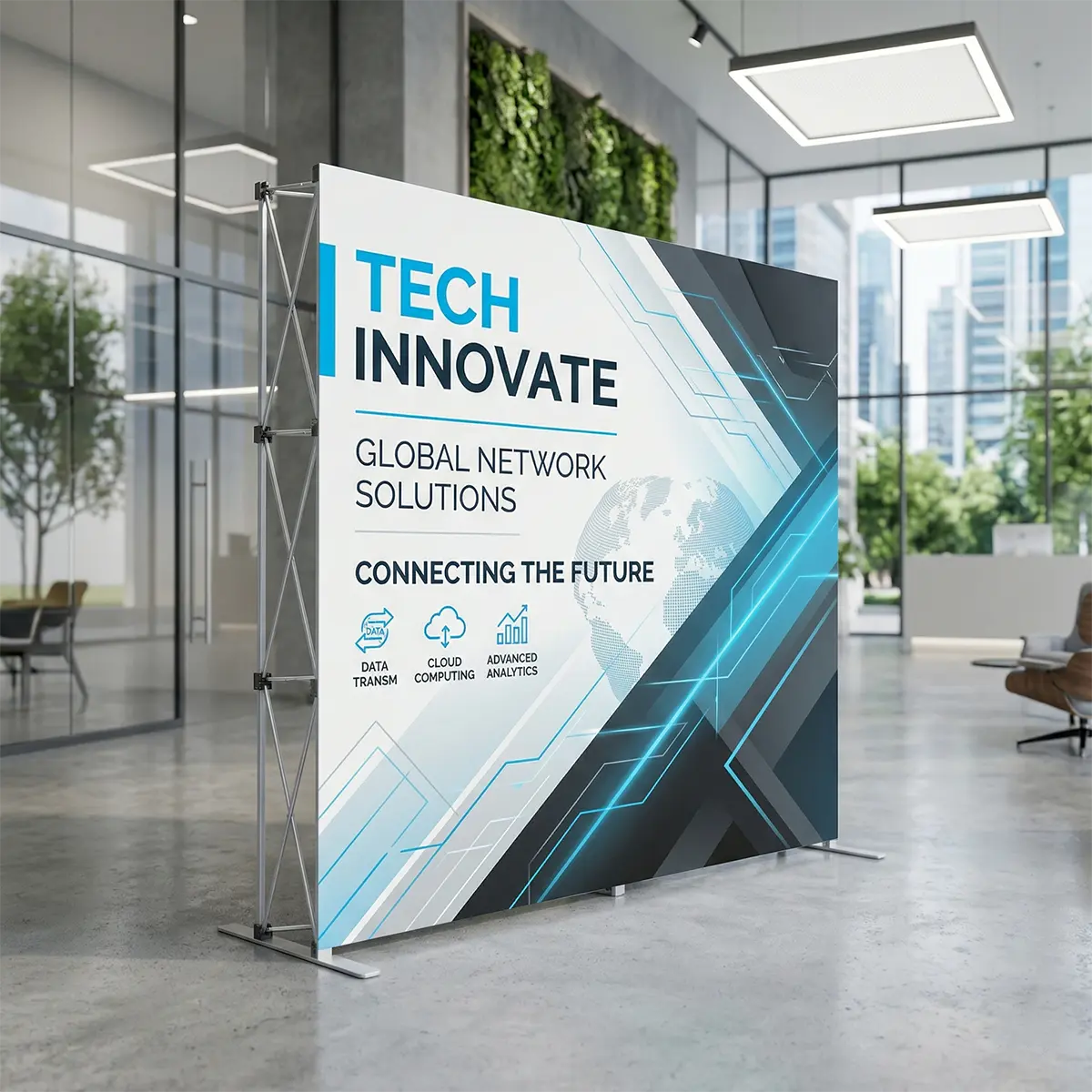 Portable Backdrops NYC | Trade Show Display | Digital City Printing A 20-foot wide portable backdrop being used as a media wall at a Javits Center event in New York City.