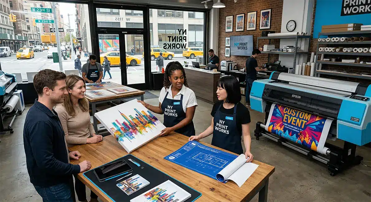 NYC Posters and Fine Art Printing Shop Premium posters, fine art canvases, and blueprints displayed in a modern Midtown Manhattan print shop.