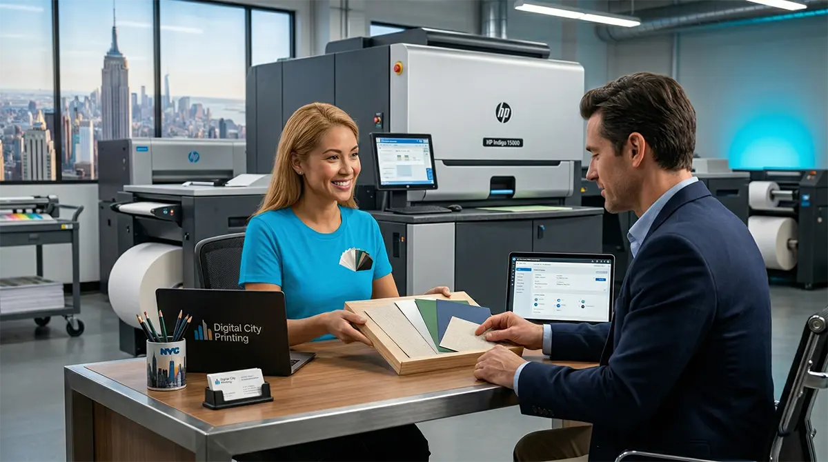 Premium HP Indigo Paper Options NYC Fanned collection of premium textured paper stocks for printing in NYC