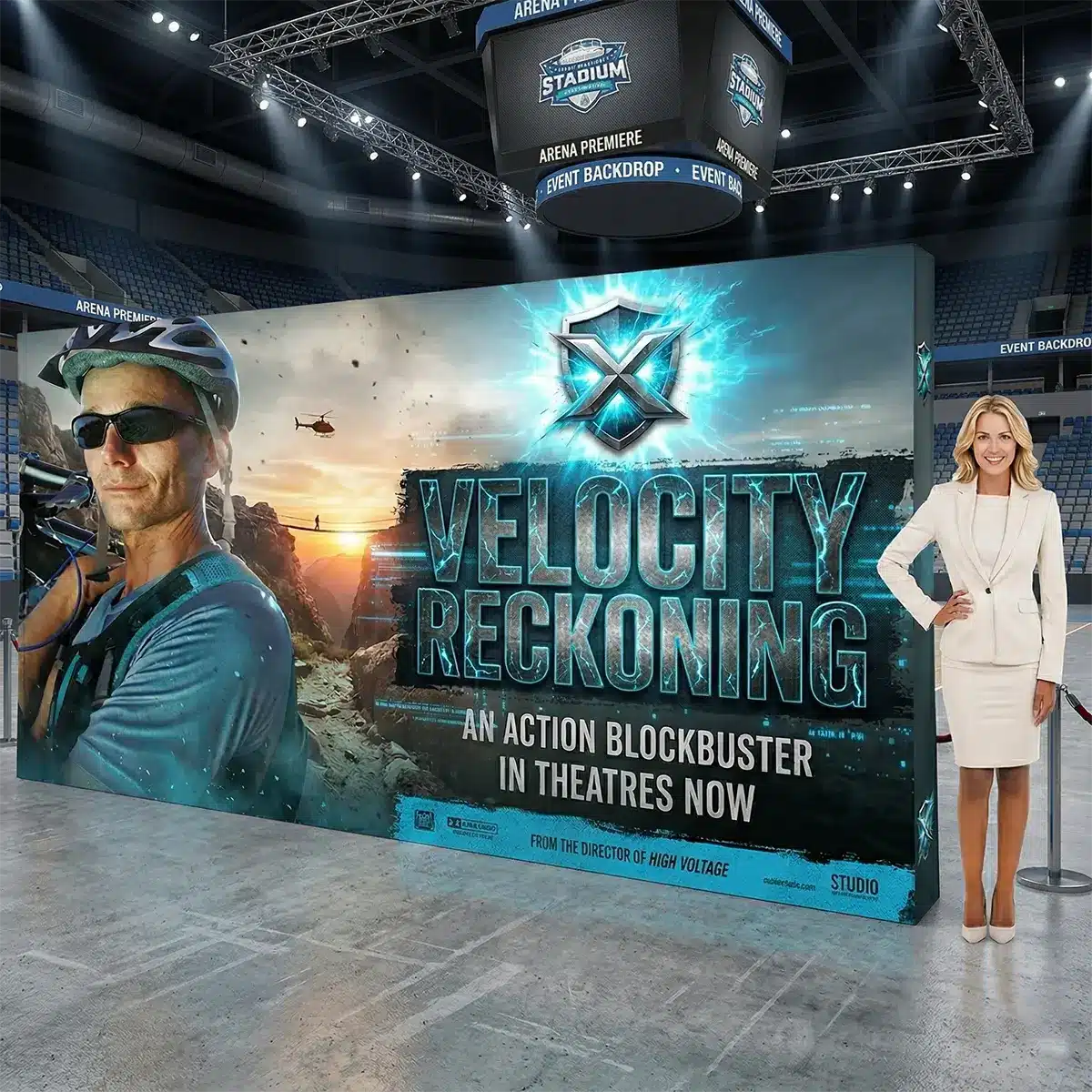 Movie Premiere Red Carpet Pop-Up Backdrop Action movie premiere pop-up display with a bold blue and black design standing on a VIP red carpet.