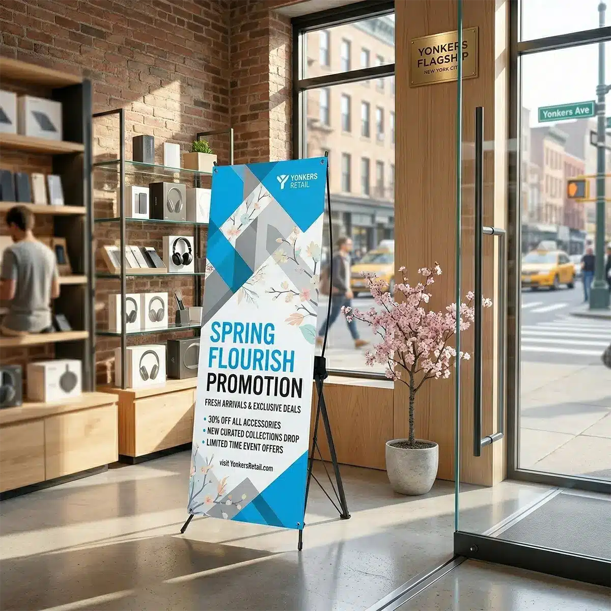 Retail Promotional X Banner Display An X banner stand used for retail storefront promotional marketing in NYC.