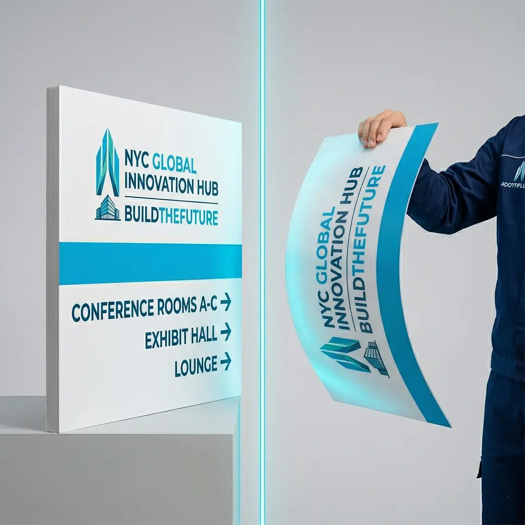 Sintra vs Styrene Printing Comparison showing rigid Sintra board next to flexible bending Styrene