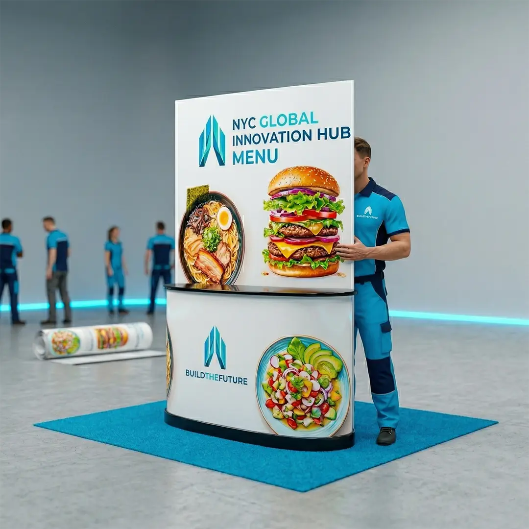 Styrene Trade Show Displays Flexible Styrene graphic wrapped around a curved trade show podium