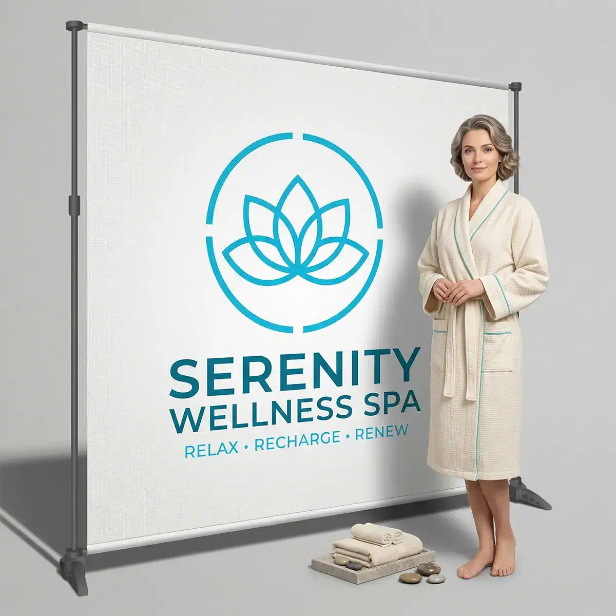 Banner Stands & Hardware 6 Gray telescopic step-and-repeat stand frames a white backdrop printed with “SERENITY WELLNESS SPA” and spa slogan text.