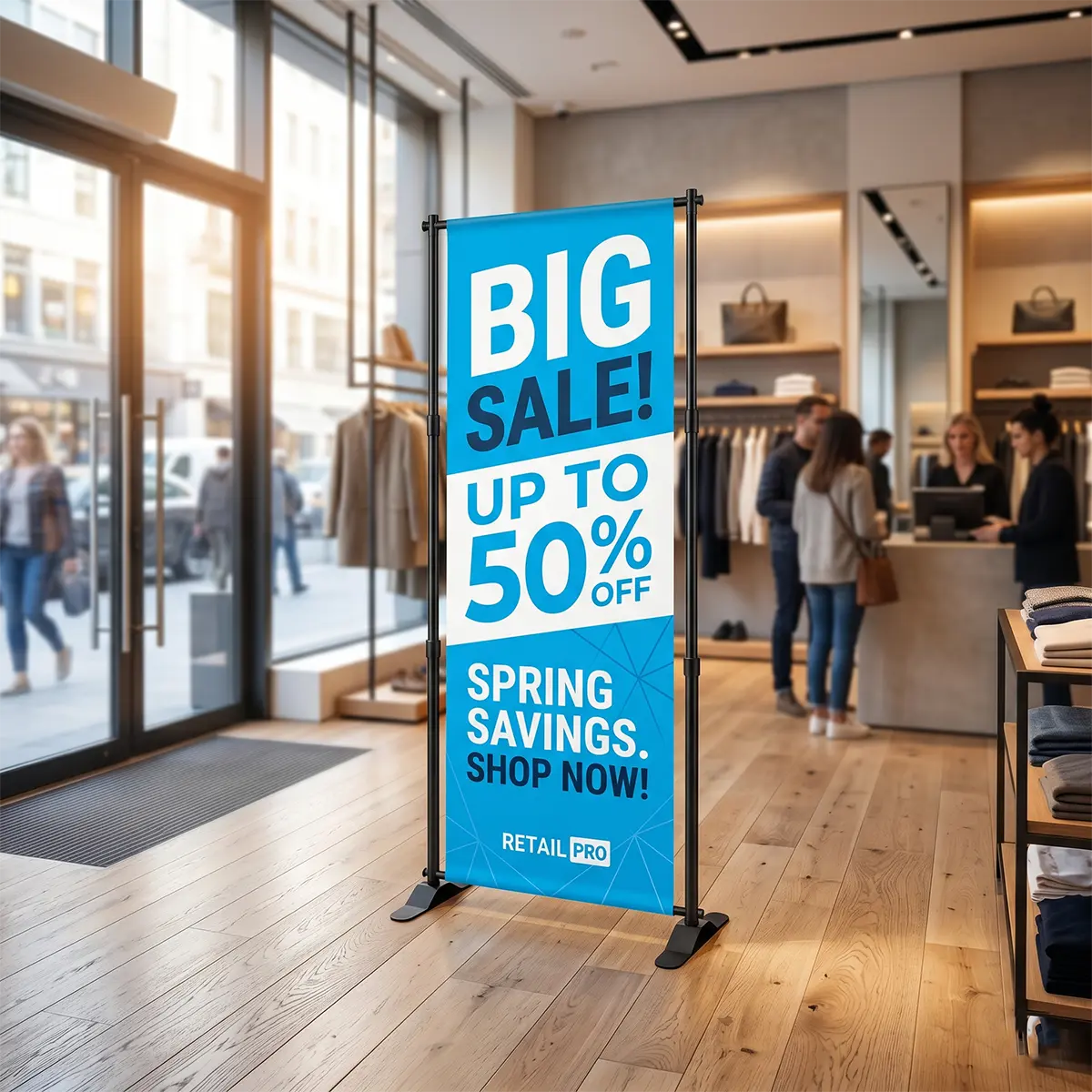 Telescopic Vinyl Banner for Retail — NYC In-Store Display Telescopic vinyl banner stand displaying a sale promotion inside a NYC retail store