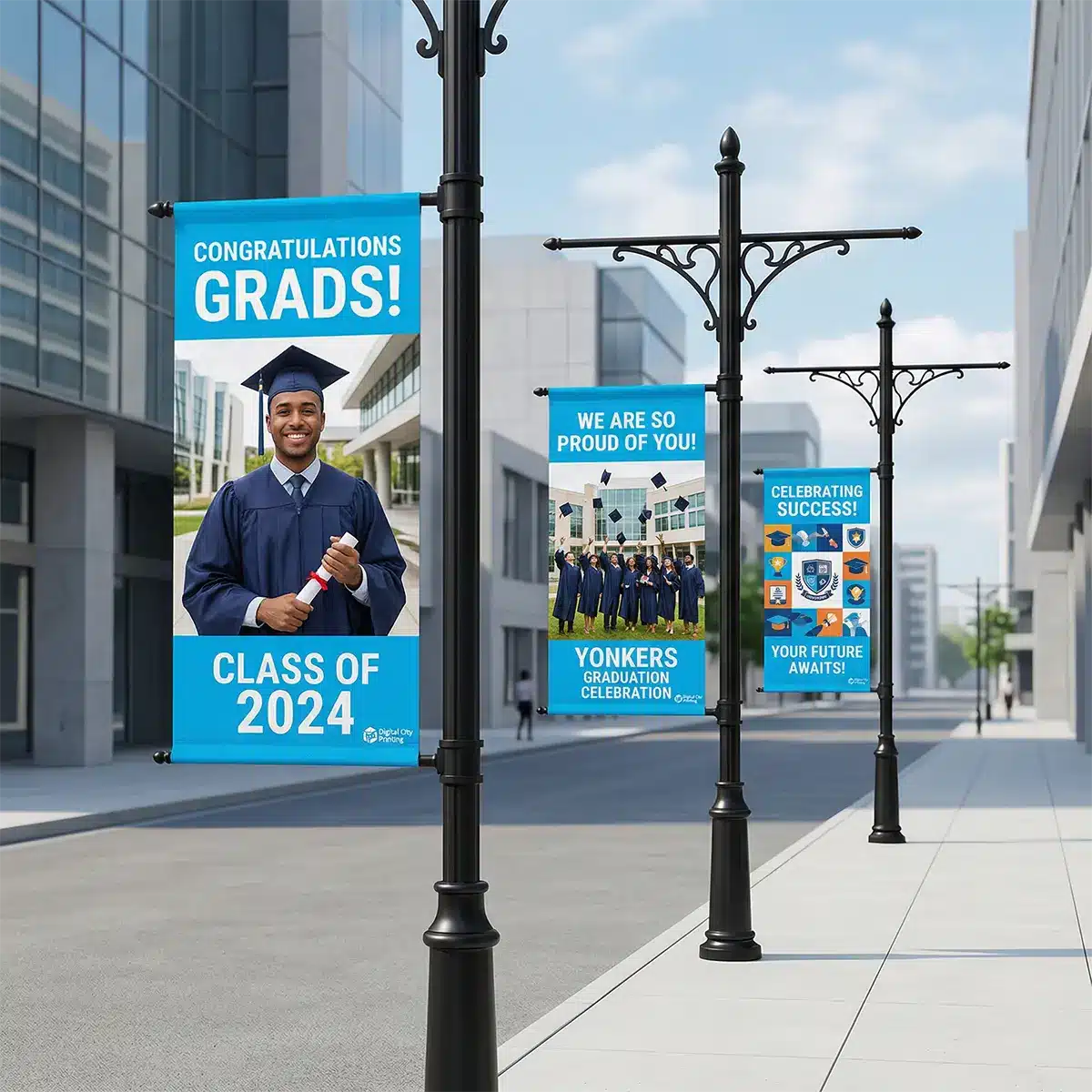 Retail Storefront Banners Wall mounted custom flag banner displaying outside a retail storefront