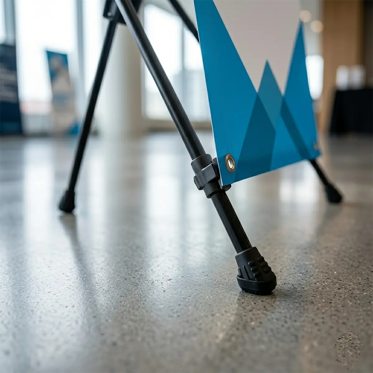 X Banner Stand Tripod Base Detail The sturdy tripod base of a lightweight spider banner display stand.