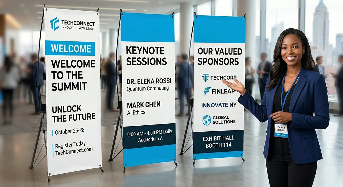 X Banner Stand NYC Printing Services Custom X banner stand printed by Digital City Printing displayed at a corporate event in NYC.