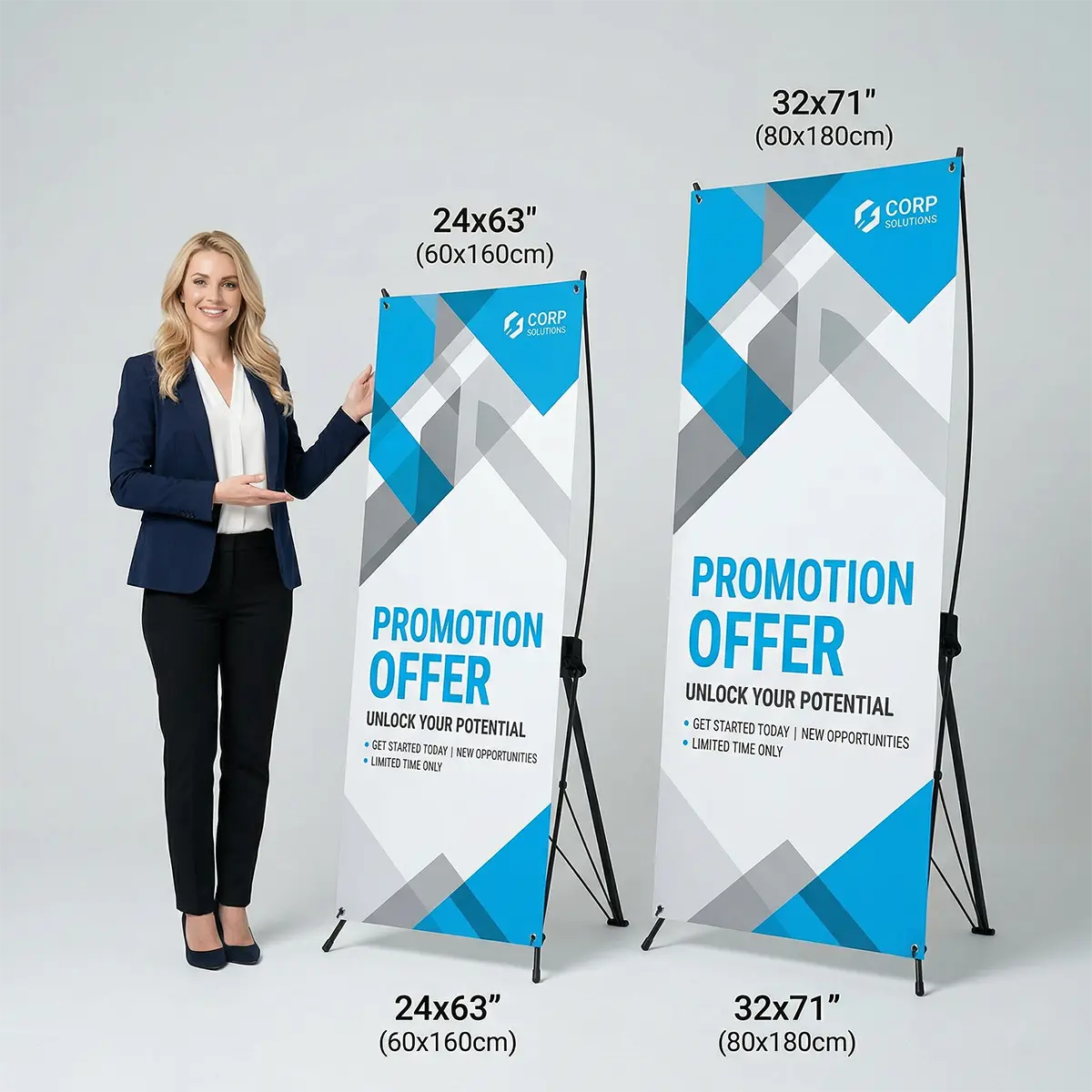 X Banner Stand Size Options Size comparison between 24x63 and 32x71 inch custom X banner stands.