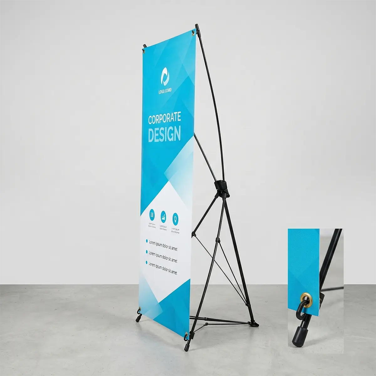 Banner Stands & Hardware 5 A blue banner graphic mounted on an X-frame tension banner stand with black metal hardware, shown with the stand fully assembled.