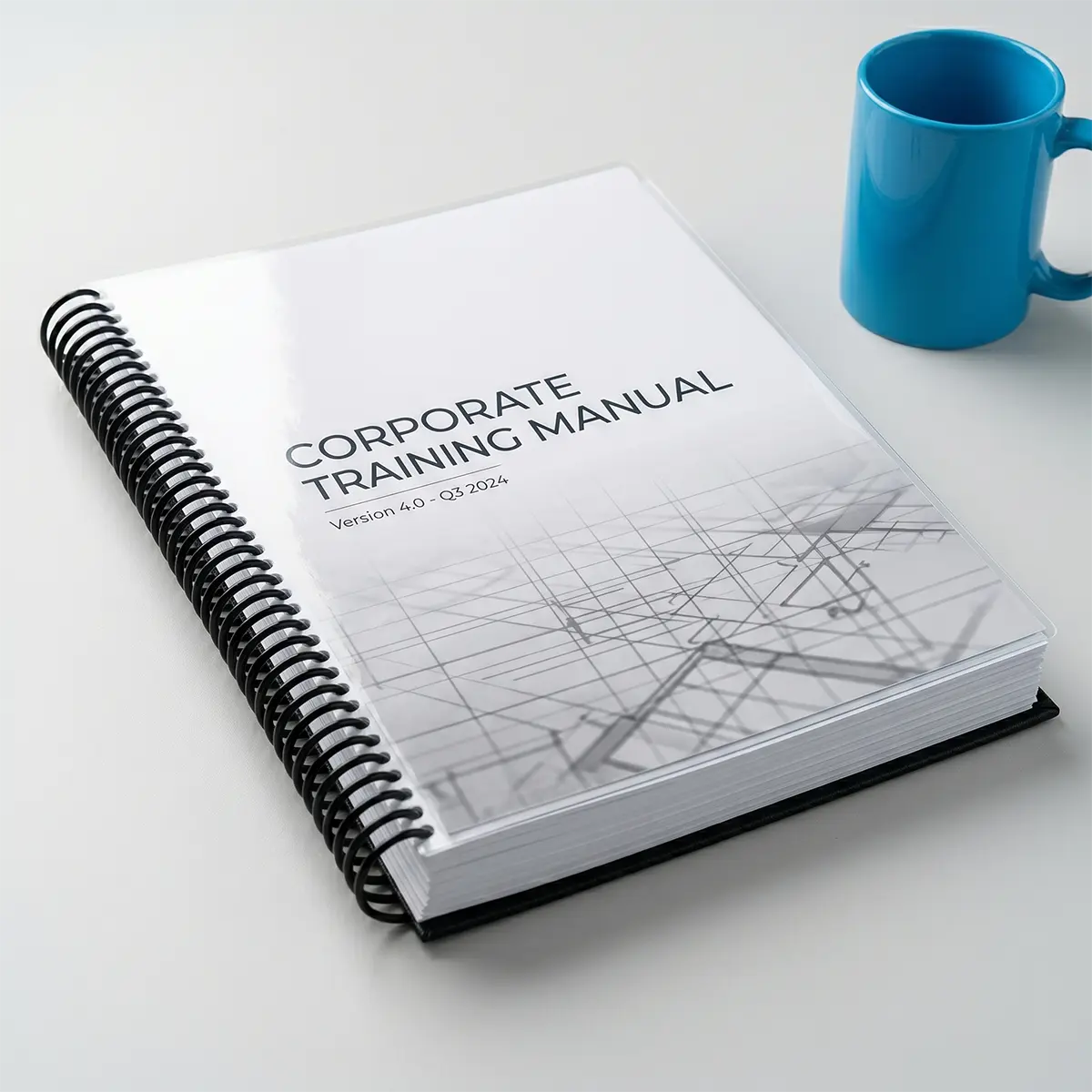 Plastic coil binding book, clear cover, black back, corporate training manual A corporate training manual with a clear cover and black back, finished with a lay-flat plastic coil binding for durable document presentation.