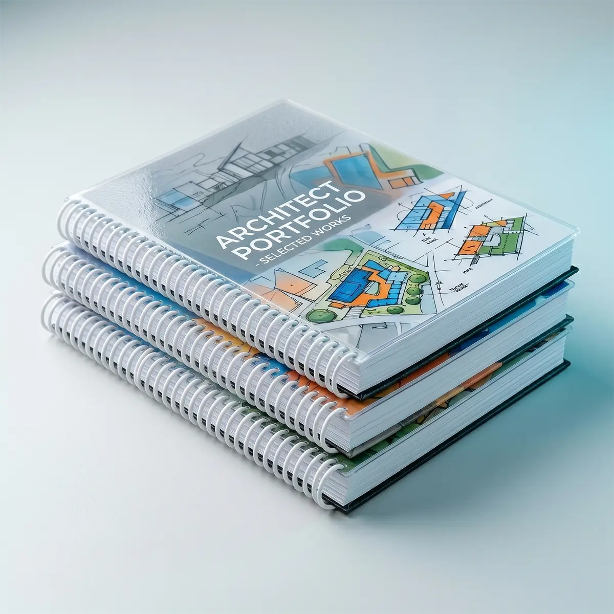 Clear Cover Coil Binding, Architectural Portfolio with Spiral Binding, New York City Clear cover coil-bound architectural portfolio with a spiral binding and blue cover design reading “ARCHITECT PORTFOLIO” and “SELECTED WORKS”.