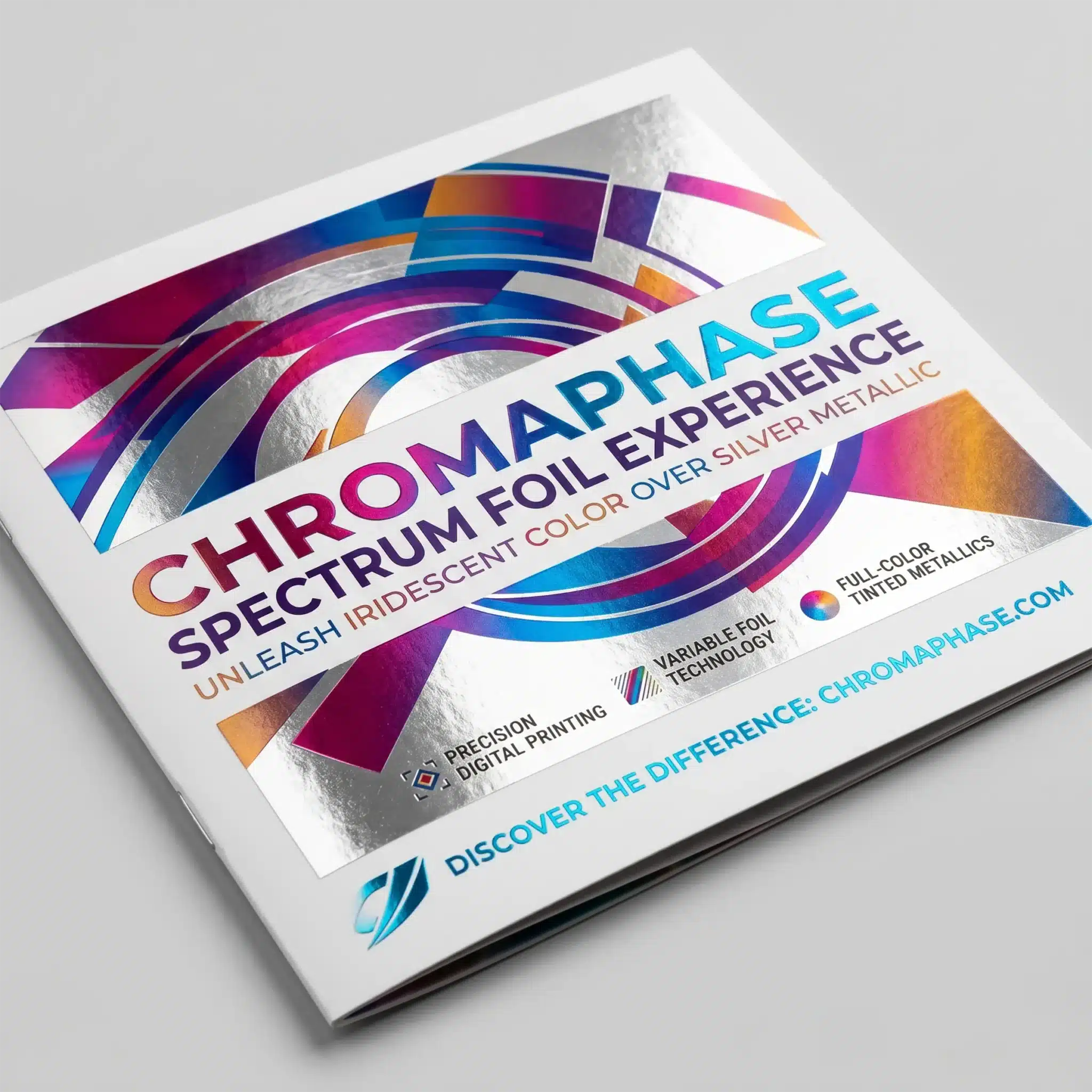 Finishing Services 4 Colorful metallic foil printing artwork with bold “CHROMAPHASE.COM” lettering, rainbow arcs, and “DISCOVER THE DIFFERENCE” on a printed sheet.