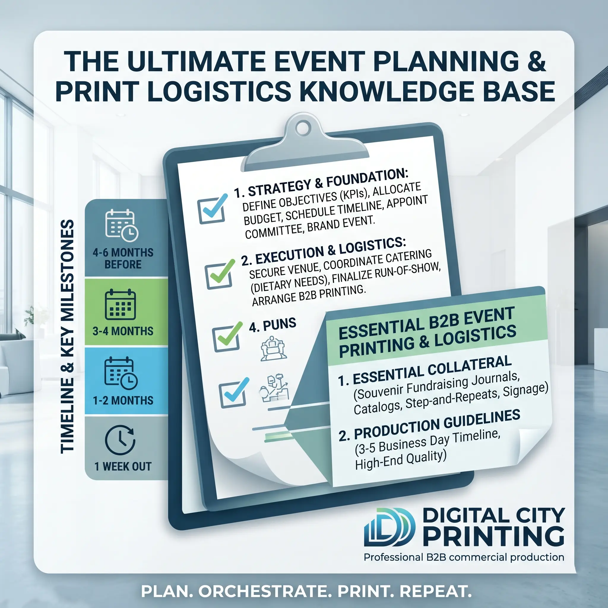 Event Planning & Print Logistics Checklist, B2B Print Logistics Knowledge Base Event Planning & Print Logistics Knowledge Base with a blue-and-white checklist layout, timeline phases, KPIs and B2B event print logistics guidance text.