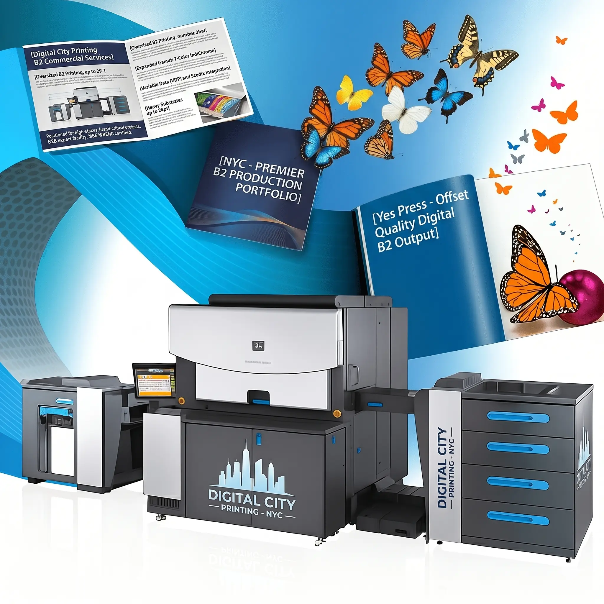 HP Indigo 15K Digital Press, Digital City Printing NYC, blue commercial print setup HP Indigo 15K Digital Press at Digital City Printing in NYC delivers offset-quality digital output, B2 commercial services, and vivid color precision.