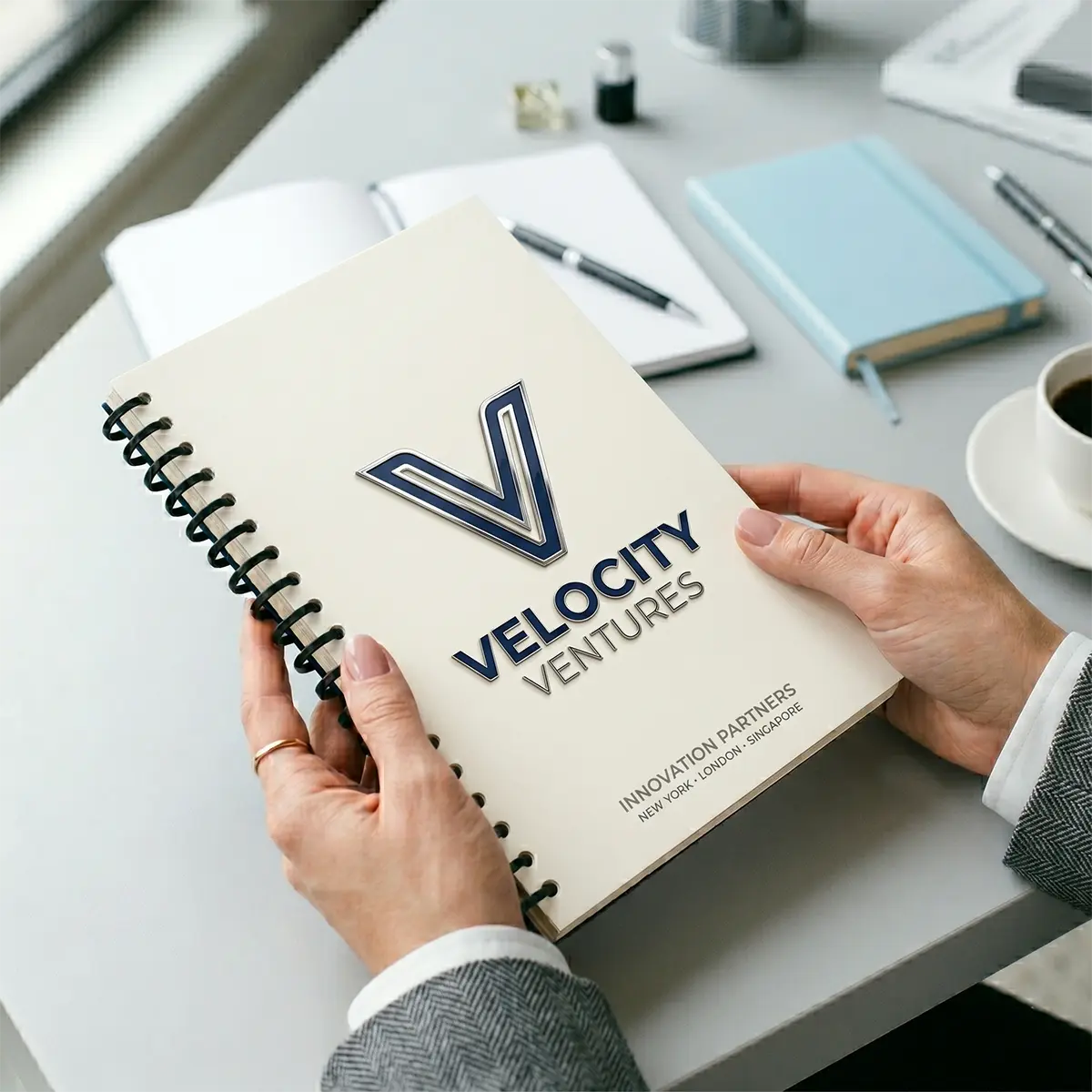Velocity Ventures navy blue spiral coil report, lay-flat document presentation A navy blue spiral bound report reading Velocity Ventures, held open by hands on a desk with pens and printed pages.