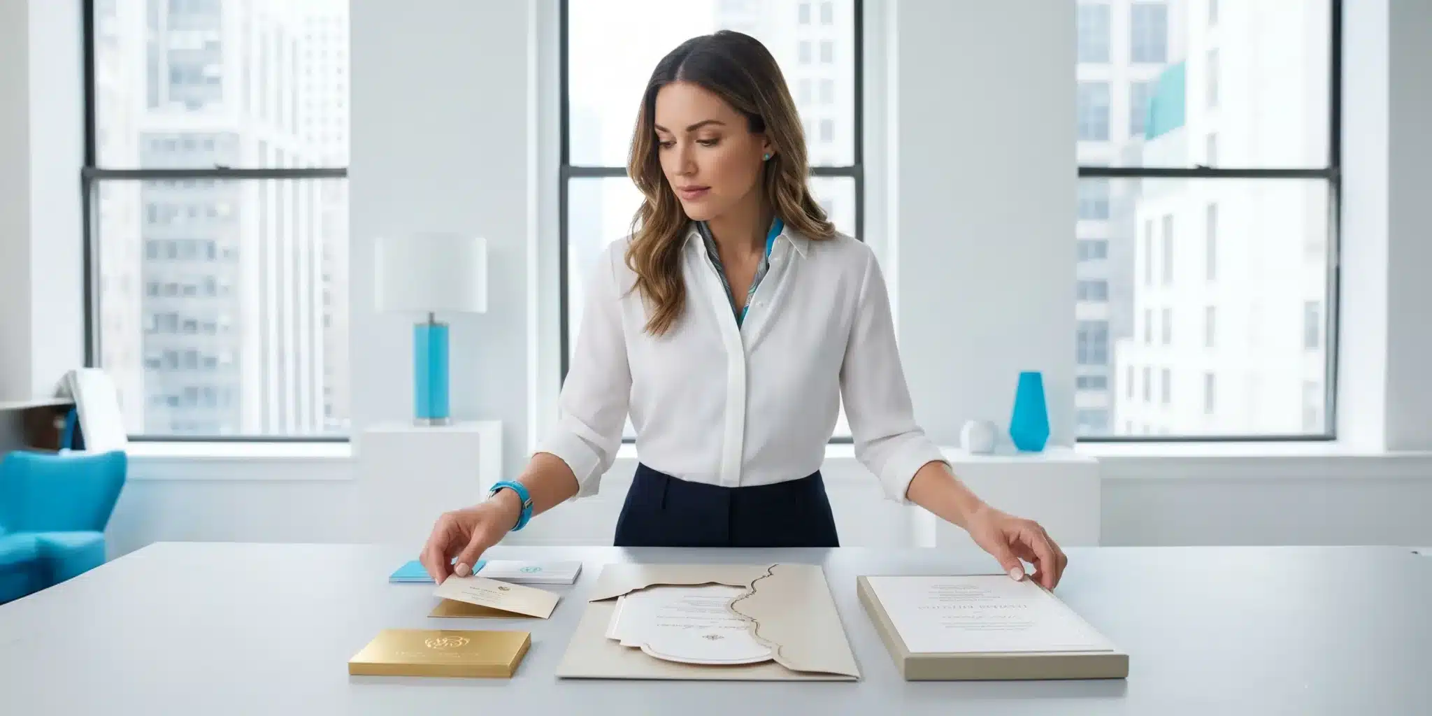New York City premium print finishing, white and blue office workflow A professional in a white blouse with blue accents reviews printed documents on a clean table in a bright office with large windows and city views.
