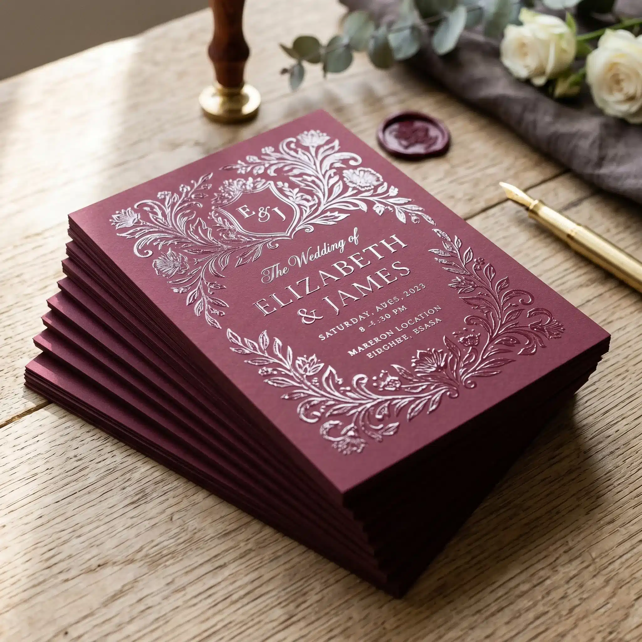 Raised Spot UV invitations, burgundy wedding invitation with floral monogram details Burgundy wedding invitations with raised spot UV lettering, white floral scrollwork, and a decorative crest on a stack of cards.